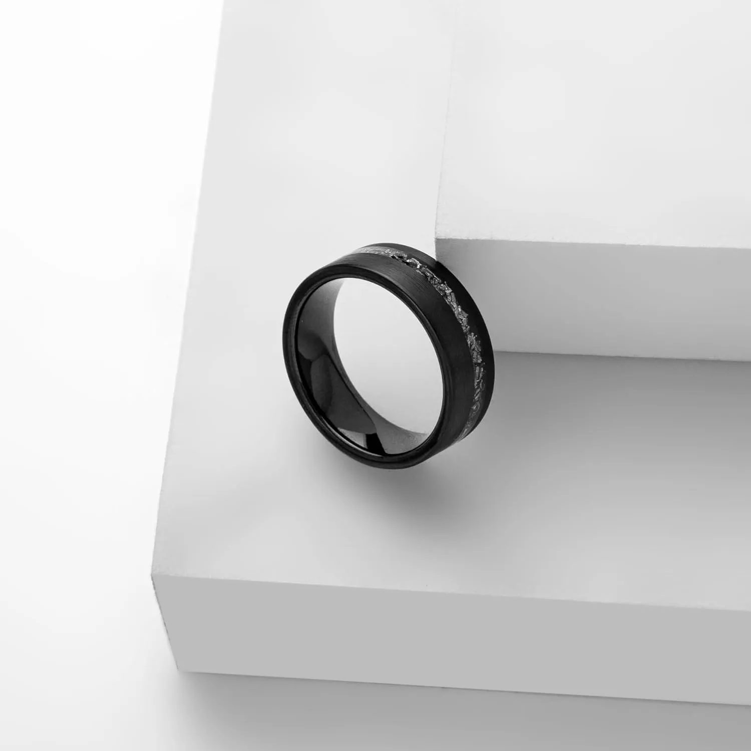 SHNIAN Judaism Hebrew Religious Tungsten Carbide Black Meteorite Silver Foil Inlay Ring Statement Band Rings for Men Free Engraved Promise Ring High Polish, Size 6 to 12