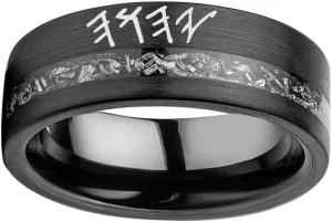 SHNIAN Judaism Hebrew Religious Tungsten Carbide Black Meteorite Silver Foil Inlay Ring Statement Band Rings for Men Free Engraved Promise Ring High Polish, Size 6 to 12