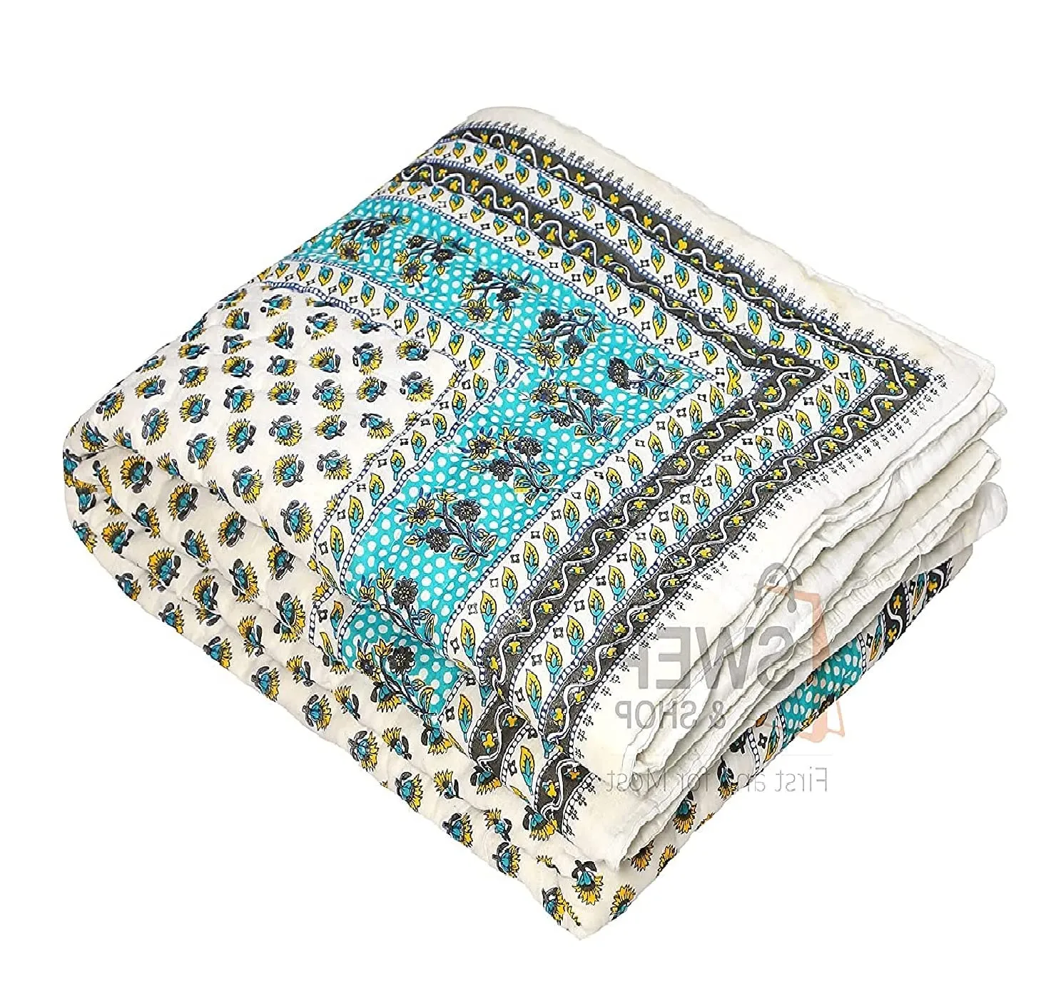 SIBLEY Pure Cotton Jaipuri Floral Printed Soft Single Bed Razai Rajasthani Reversible Quilt Rajai Green Color (55x85 inch Size)