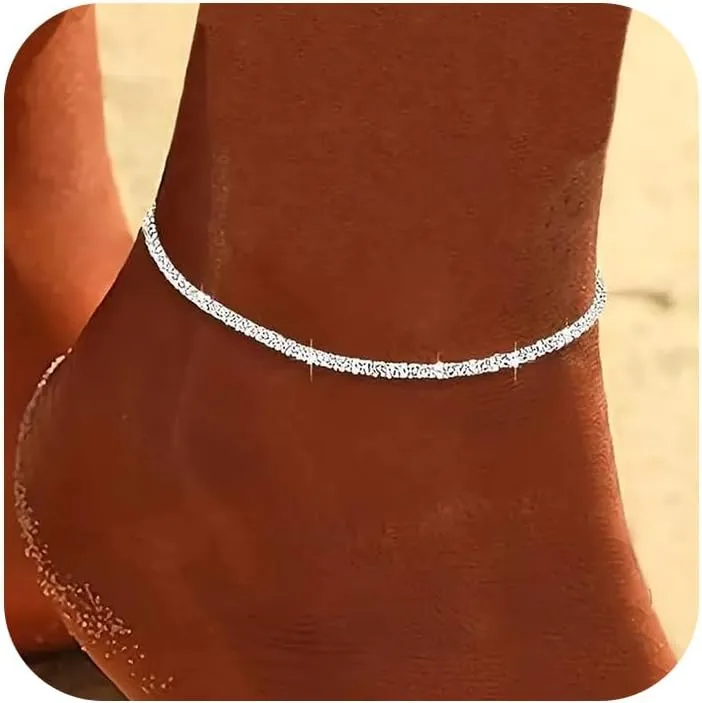 Silver Ankle Bracelets for Women, Adjustable Rhinestone Pendant Tennis Anklet, Butterfly Heart Infinite Diamond Summer Beach Foot Chain Jewelry Gifts