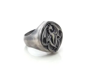 Silver Dragon Signet Ring, 0.019-0.024 lbs, 0,94 x 0,86 Inch, The Perfect Gothic Mens Ring for Dungeons and Dragons Fans, Class Ring for Men, Custom Winged Dragon Jewelry