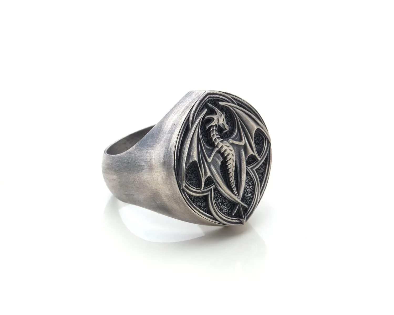 Silver Dragon Signet Ring, 0.019-0.024 lbs, 0,94 x 0,86 Inch, The Perfect Gothic Mens Ring for Dungeons and Dragons Fans, Class Ring for Men, Custom Winged Dragon Jewelry