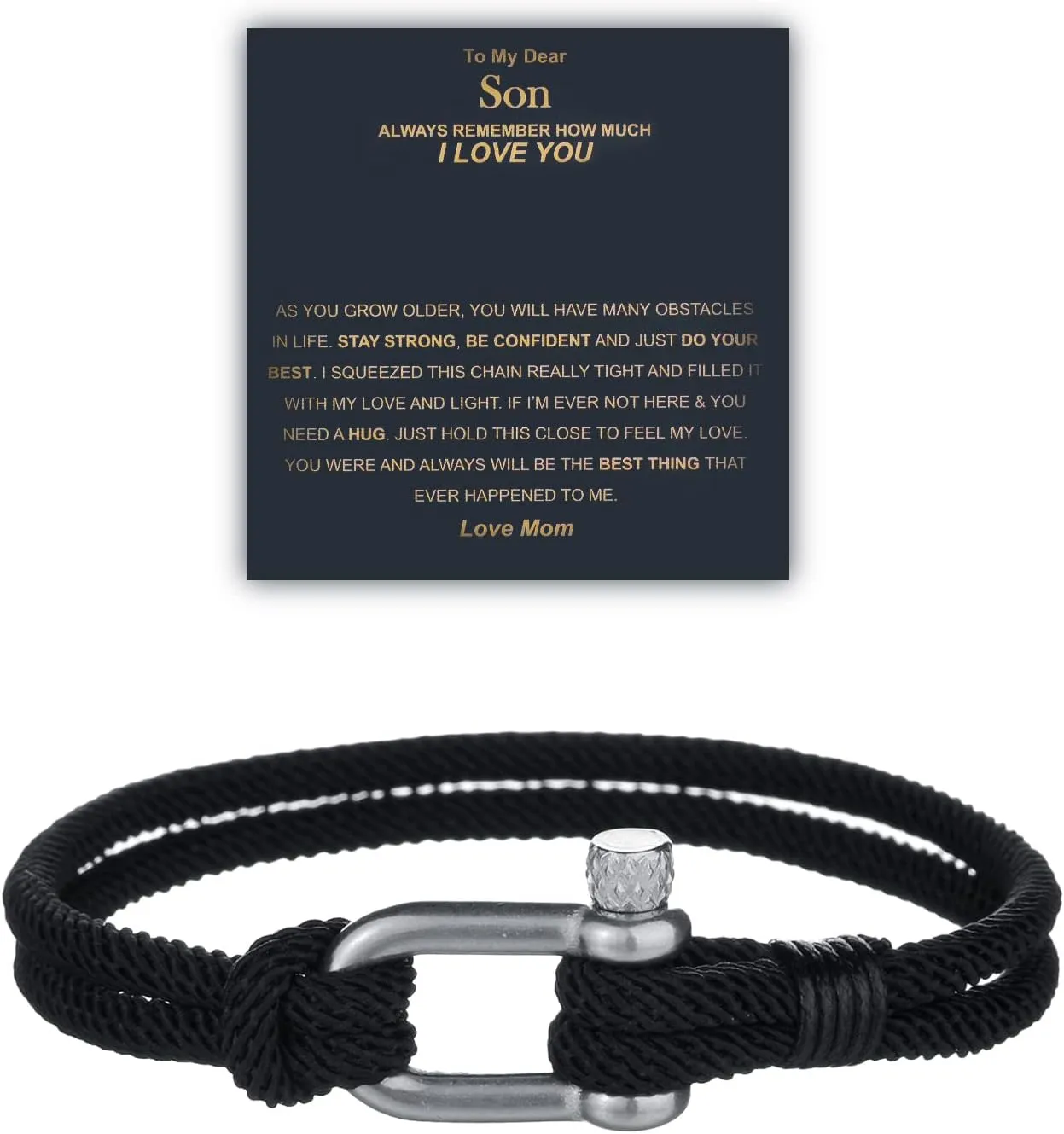 Silver Stainless Steel Horseshoe Buckle Bracelet for Men Boys Handmade Black Bracelet for Independence Day Gift Inspirational Meaningful Bracelet Gift for Son Graduation/Birthday/Christmas Gifts from Mom