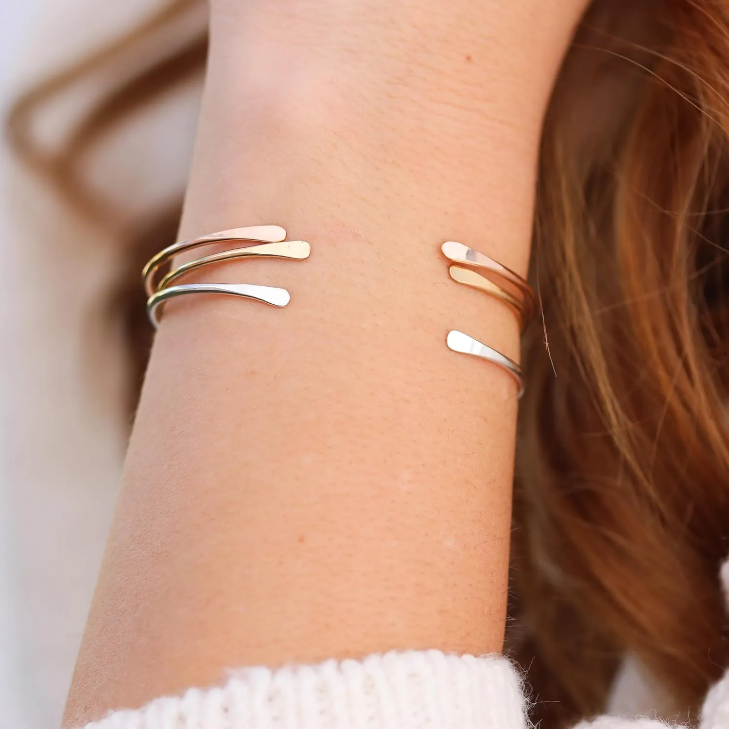 Smooth Sterling Silver Cuff Bracelet with Hammered Ends, Handmade Skinny Bangle in Solid Sterling Silver for Women by Lotus Stone Jewelry (Small, Silver)