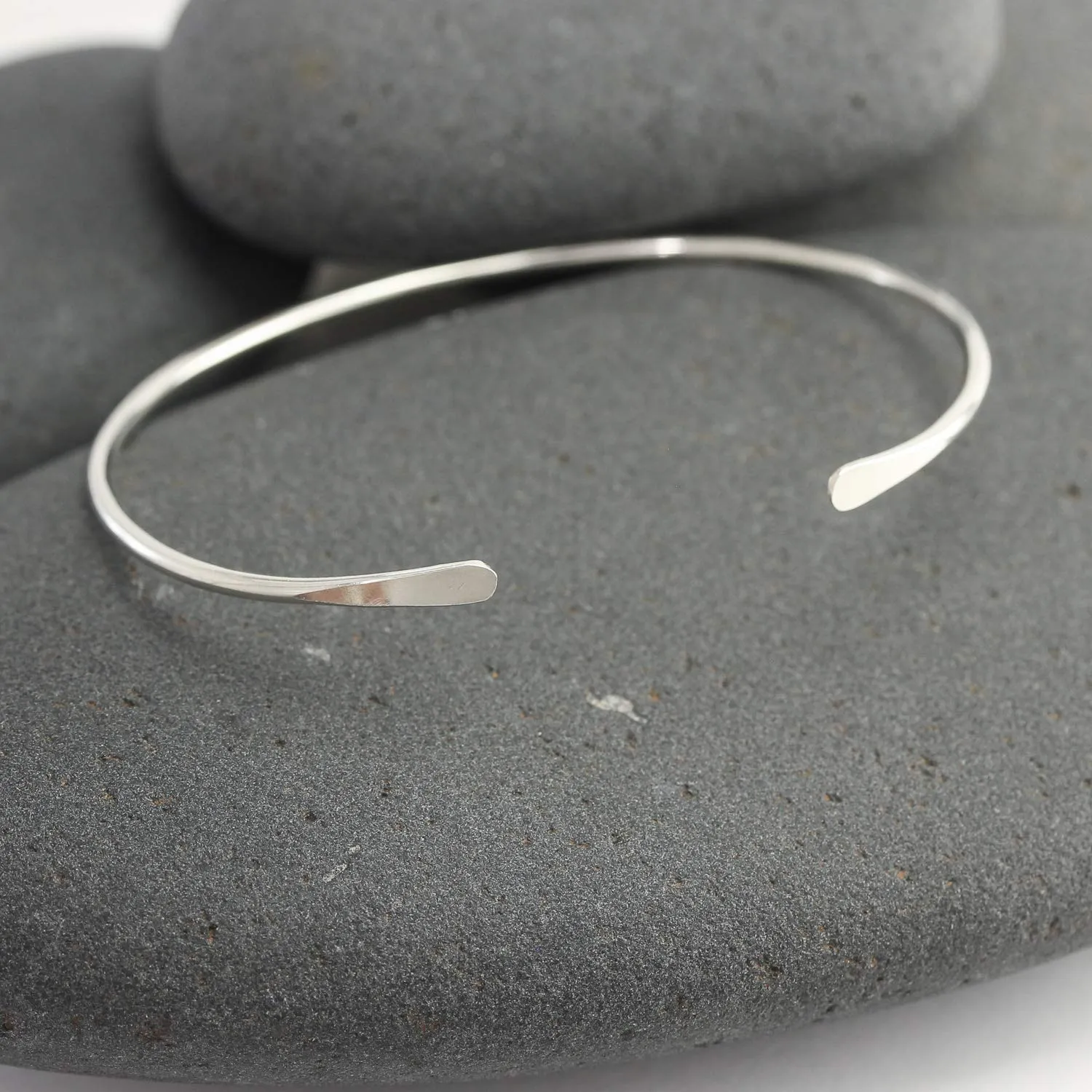 Smooth Sterling Silver Cuff Bracelet with Hammered Ends, Handmade Skinny Bangle in Solid Sterling Silver for Women by Lotus Stone Jewelry (Small, Silver)