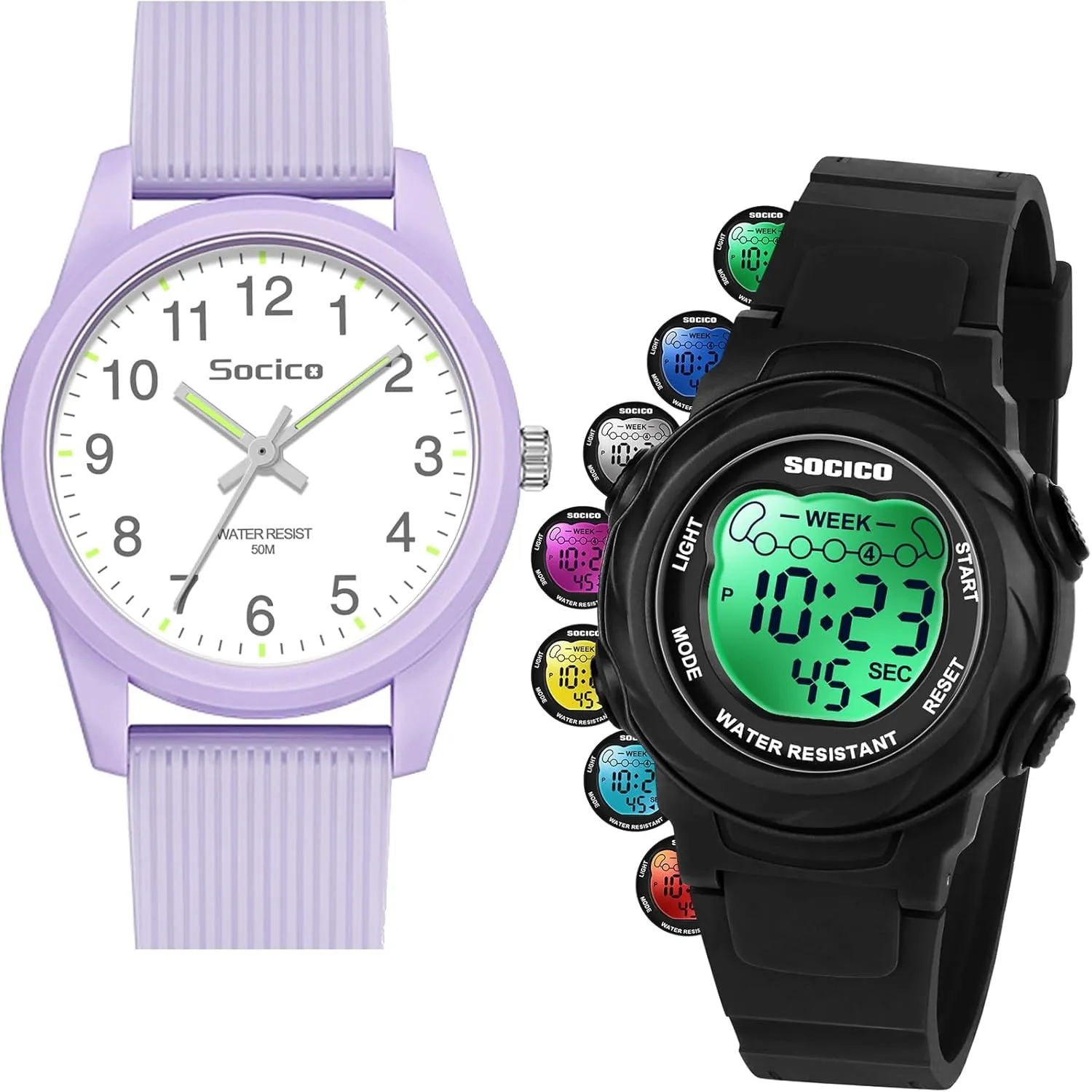 SOCICO Kids Watches for Boys & Girls  Digital 7 Color Lights, Stopwatch, Alarm & Analog Easy Time Learning  50M Waterproof, Soft Durable Bands, Great Gift for Ages 4-12