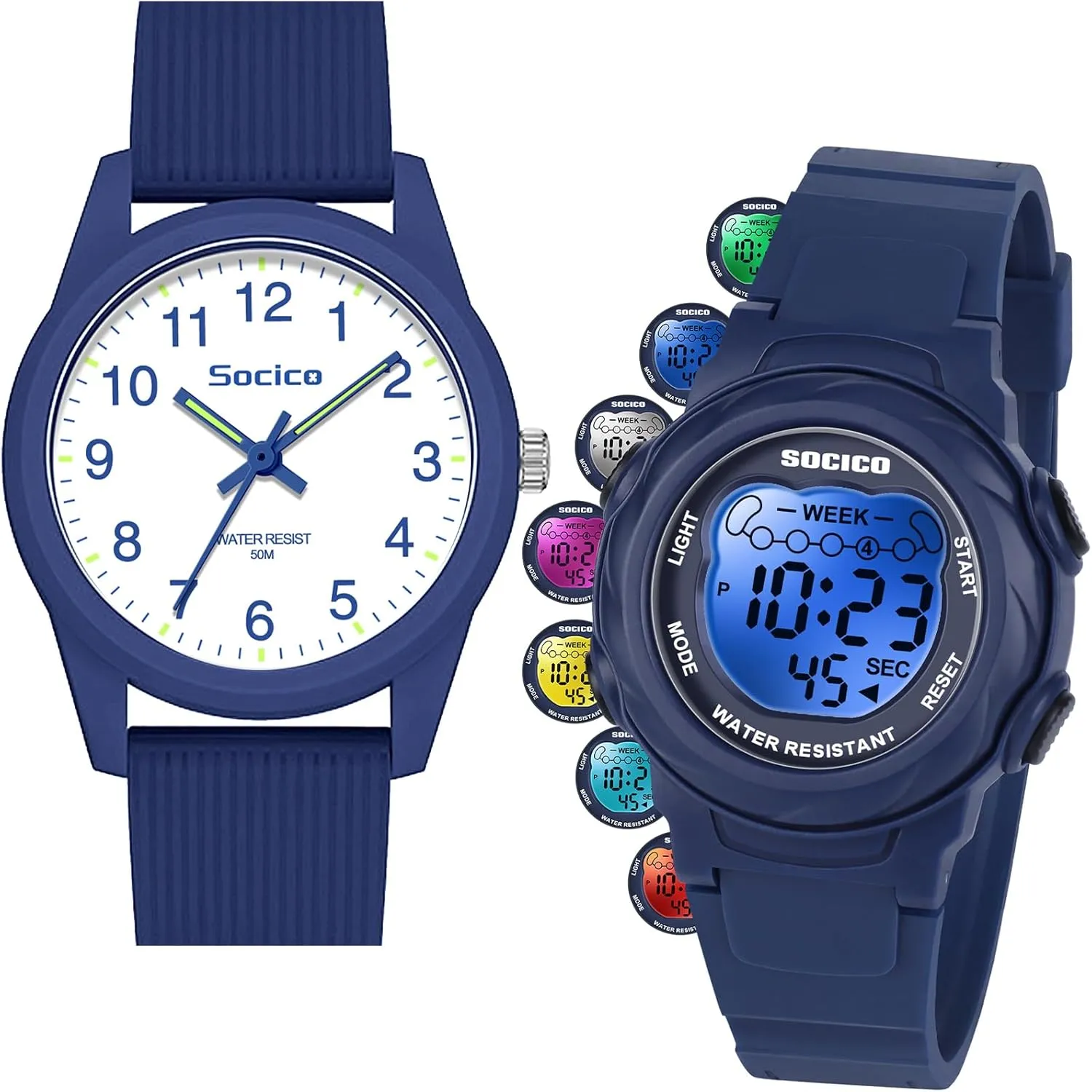 SOCICO Kids Watches for Boys & Girls  Digital 7 Color Lights, Stopwatch, Alarm & Analog Easy Time Learning  50M Waterproof, Soft Durable Bands, Great Gift for Ages 4-12
