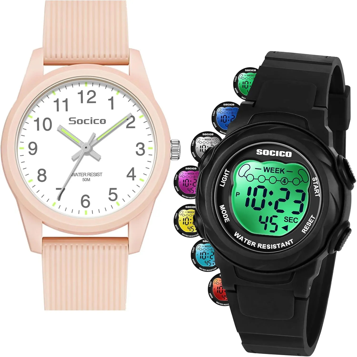 SOCICO Kids Watches for Boys & Girls  Digital 7 Color Lights, Stopwatch, Alarm & Analog Easy Time Learning  50M Waterproof, Soft Durable Bands, Great Gift for Ages 4-12