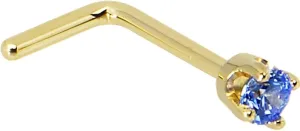 Solid 14k Yellow Gold 2mm Arctic Blue Cubic Zirconia L Shaped Nose Stud Ring 20 Gauge 1/4"