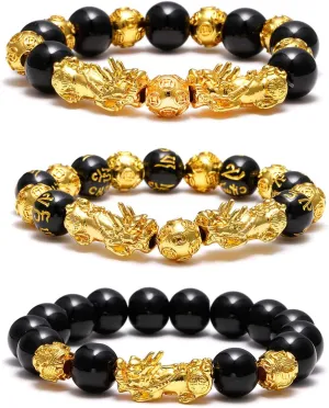 SOOWOOT Feng Shui Wealth And Luck Bracelet for Men Women: 3Pcs set with Pixiu and black obsidian. It brings prosperity, offers protection, attracts good fortune and repels evil spirits