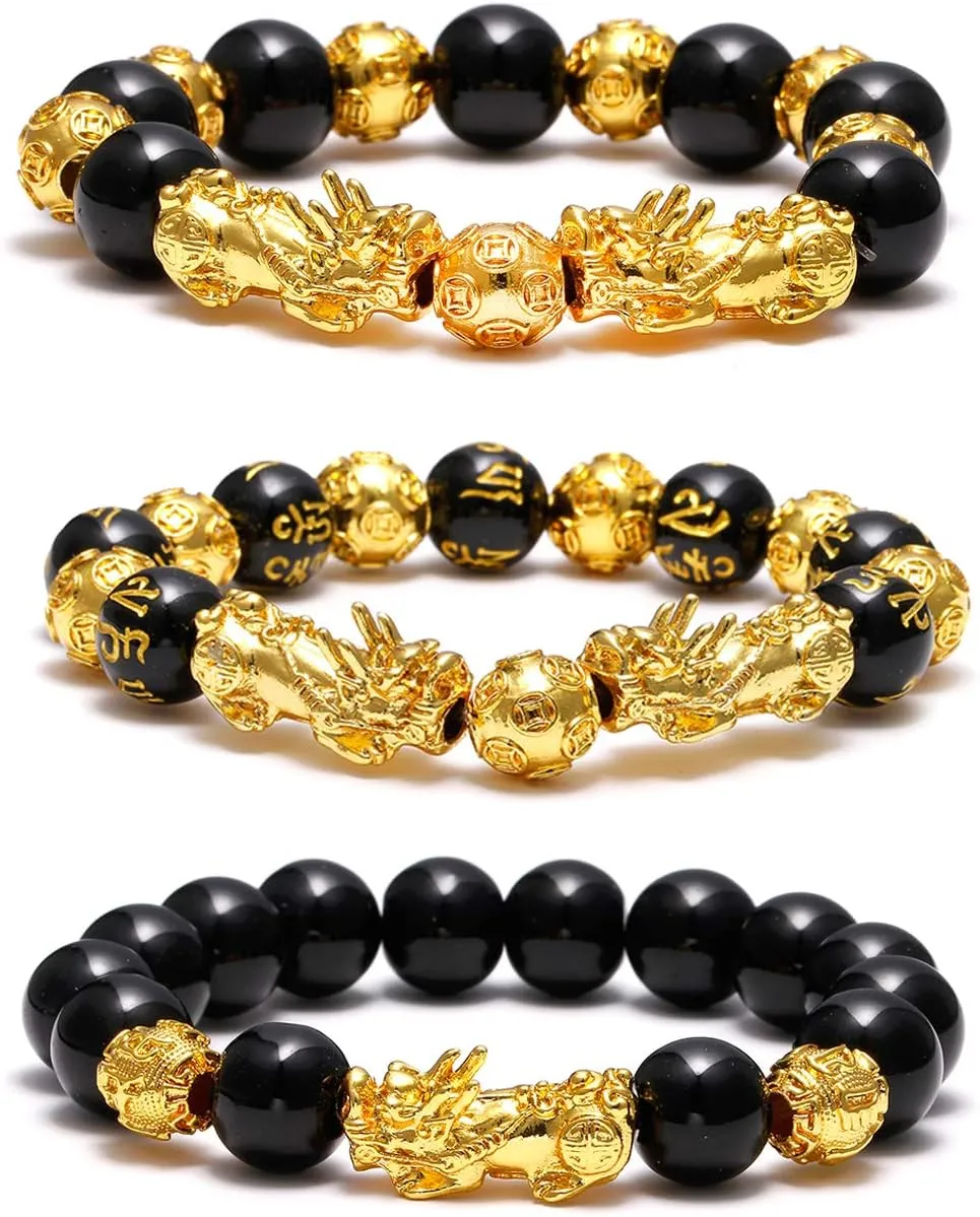 SOOWOOT Feng Shui Wealth And Luck Bracelet for Men Women: 3Pcs set with Pixiu and black obsidian. It brings prosperity, offers protection, attracts good fortune and repels evil spirits