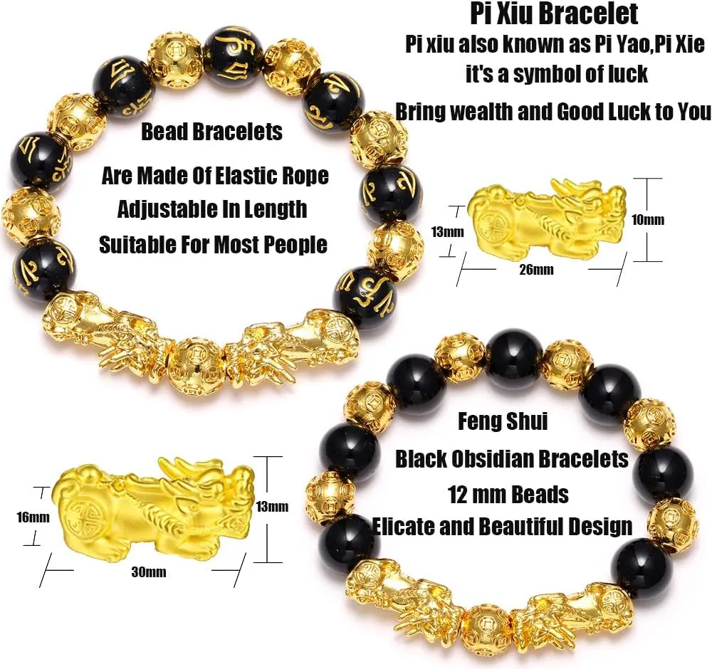 SOOWOOT Feng Shui Wealth And Luck Bracelet for Men Women: 3Pcs set with Pixiu and black obsidian. It brings prosperity, offers protection, attracts good fortune and repels evil spirits