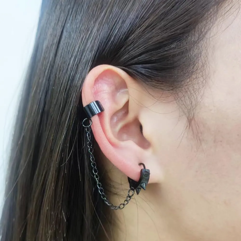 Spike Ear Cuff Earrings For Men Clip With Dangle Drop Chain Gold Black Silver Stainless Steel Punk Cool Hip Hop Kpop Long Ear Cuff Dangling Hoop Clip On Wrap Cartilage Jewelry