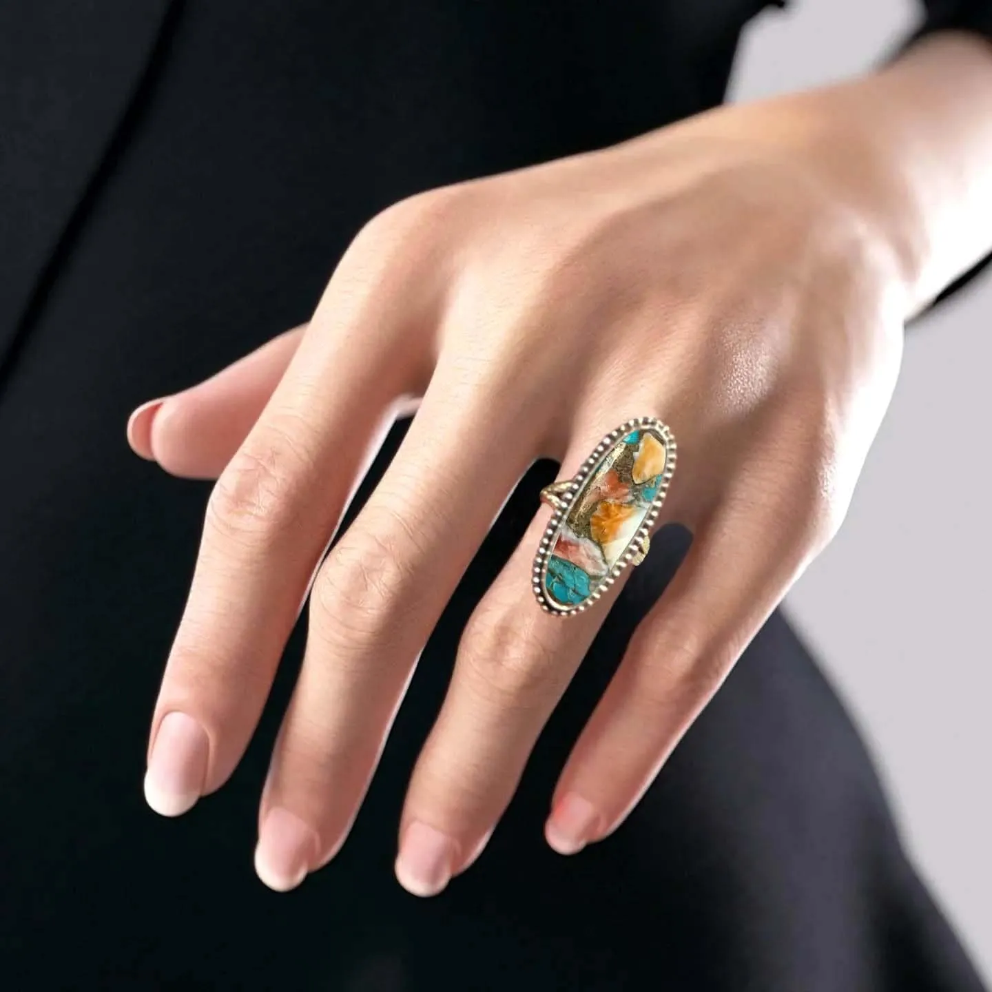 Spiny Oyster Copper Turquoise Ring 925 Sterling Silver Handmade Designer Ring For Women Perfect For Promise Proposal Halloween Best Friend Gift For Her Boho Turquoise Gemstone Dainty Jewelry By NKG