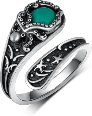 Spoon Ring 925 Sterling Silver Turquoise Octopu/Turtle Ring Adjustable Vintage Thumb Rings for Women Octopu/Sea Turtle Jewelry Gifts