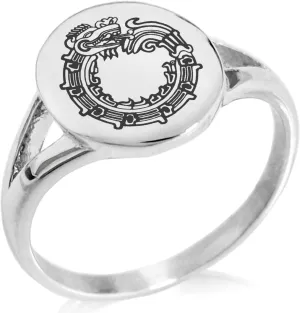Stainless Steel Aztec Ouroboros Serpent Rune Symbol Minimalist Oval Top Polished Statement Ring