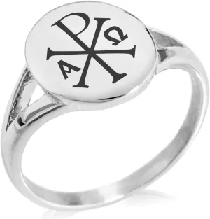 Stainless Steel Chi Rho Alpha Omega Symbol Minimalist Oval Top Polished Statement Ring, Size 9