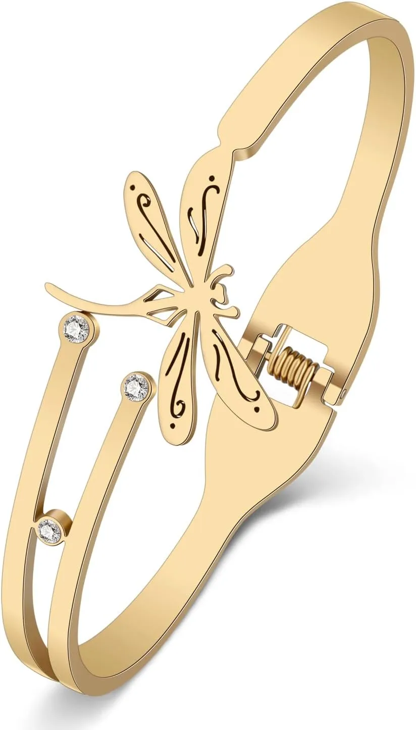 Stainless Steel Dragonfly Bracelets Jewelry 18K Gold Dainty Bangle Gifts for Women Charms