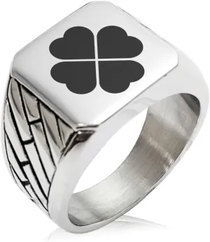 Stainless Steel Four Leaf Clover Heart Geometric Pattern Biker Style Polished Ring