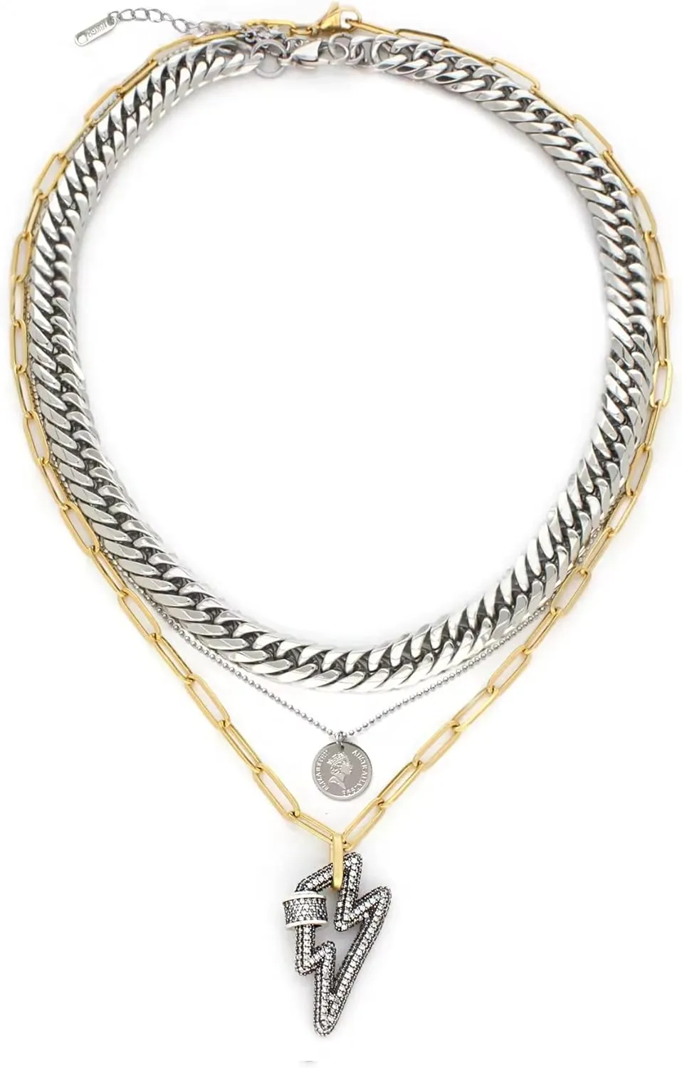Stainless Steel Layered Necklace Set, 9mm and 4mm Chains, 40 and 50 inches, with 15mm Pendant, 48 inches Total Length (black)