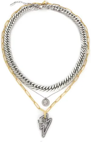 Stainless Steel Layered Necklace Set, 9mm and 4mm Chains, 40 and 50 inches, with 15mm Pendant, 48 inches Total Length (black)