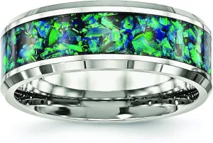 Stainless Steel Polished with Blue Imitation Opal Inlay 8mm Band Size 8.5