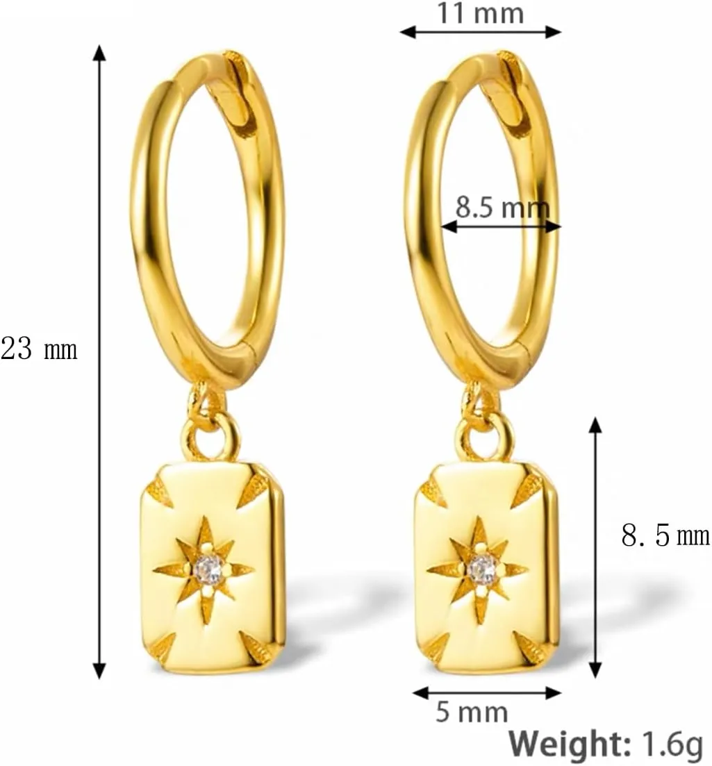 Star Burst Square Dangle Hoop Earrings for Women Teen Girls 925 Sterling Silver Cubic Zirconia Crystal Cartilage Tiny Small Huggie Hoops Rectangle Drop Dangling Earring Cuffs Fashion Jewelry Gifts Hypoallergenic
