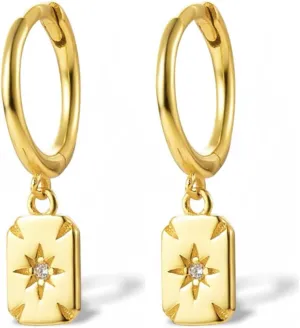 Star Burst Square Dangle Hoop Earrings for Women Teen Girls 925 Sterling Silver Cubic Zirconia Crystal Cartilage Tiny Small Huggie Hoops Rectangle Drop Dangling Earring Cuffs Fashion Jewelry Gifts Hypoallergenic