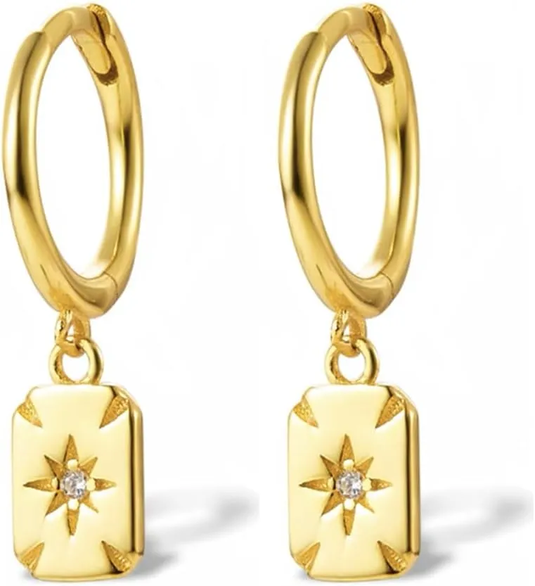 Star Burst Square Dangle Hoop Earrings for Women Teen Girls 925 Sterling Silver Cubic Zirconia Crystal Cartilage Tiny Small Huggie Hoops Rectangle Drop Dangling Earring Cuffs Fashion Jewelry Gifts Hypoallergenic