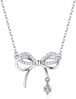 Sterling Silve Double Bowknot Ribbon with Cubic Zirconia Pendant Necklace Crystals Bow Jewelry for Women