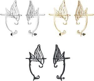 SUPERFINDINGS 3 Colors Wing Ear Cuffs Earrings 3 Pairs Vintage Elves Ear Cuff Elf Hollow Wrap Stud Earring Metal Retro Simple Pierced Ear Cosplay Ear Wraps Jewelry for Women