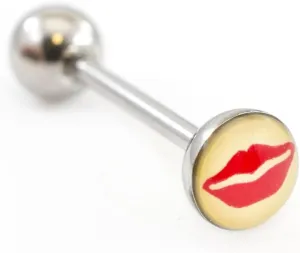Surgical Steel Tongue Ring Straight Barbell 14 Gauge & Red Lips Logo