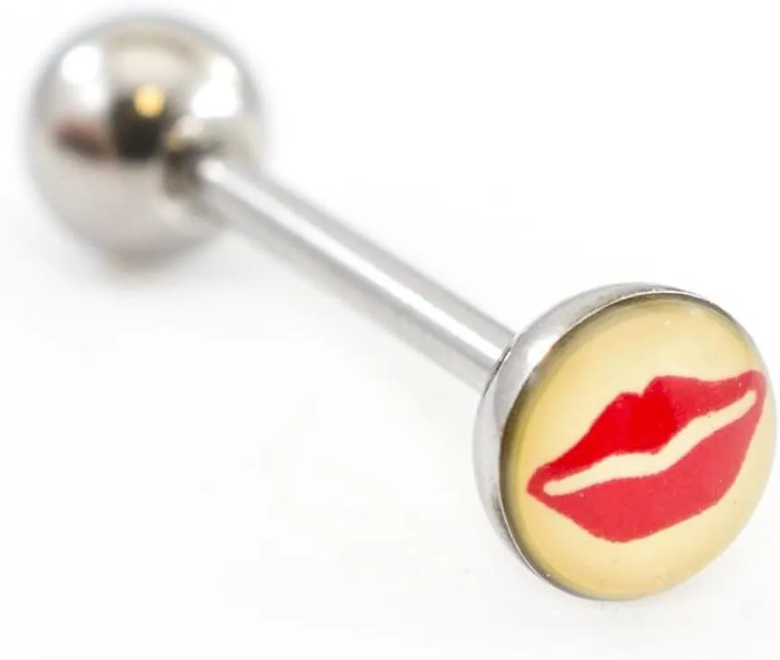 Surgical Steel Tongue Ring Straight Barbell 14 Gauge & Red Lips Logo