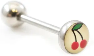Surgical Steel Tongue Ring Straight Barbell 14 Gauge Cute Cherry Logo
