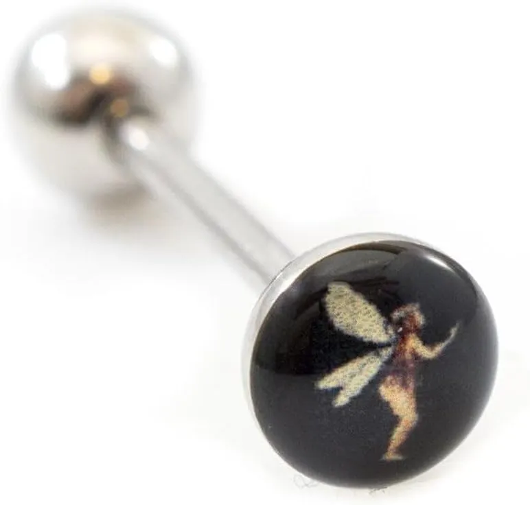 Surgical Steel Tongue Ring Straight Barbell 14 Gauge Cute Fairy Logo