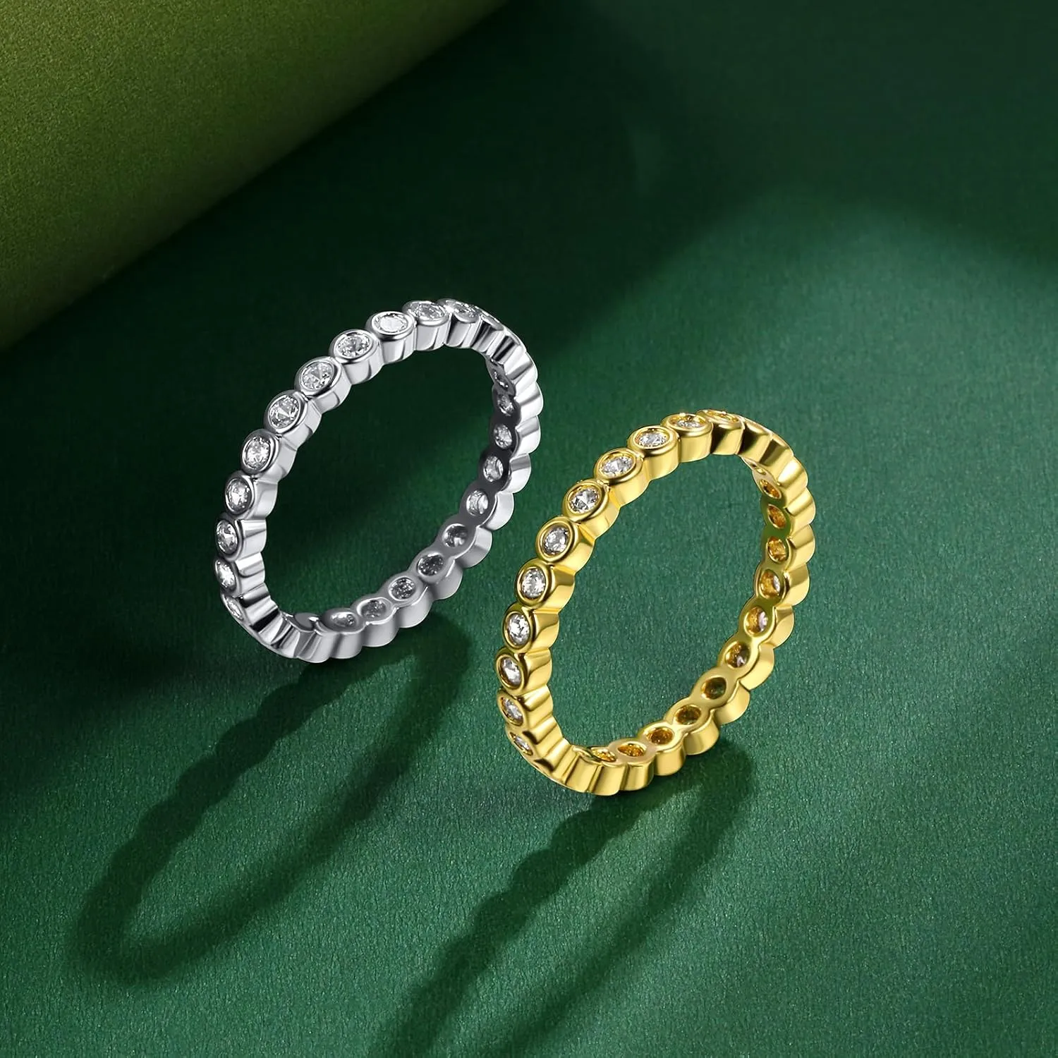 TIKJE 2 Rings Set For Women, 18k Yellow/White Gold Plated Rings - Cubic Zirconias Band Ring, Eternity Promise Engagement Wedding Band Gift For Her Size 5-12