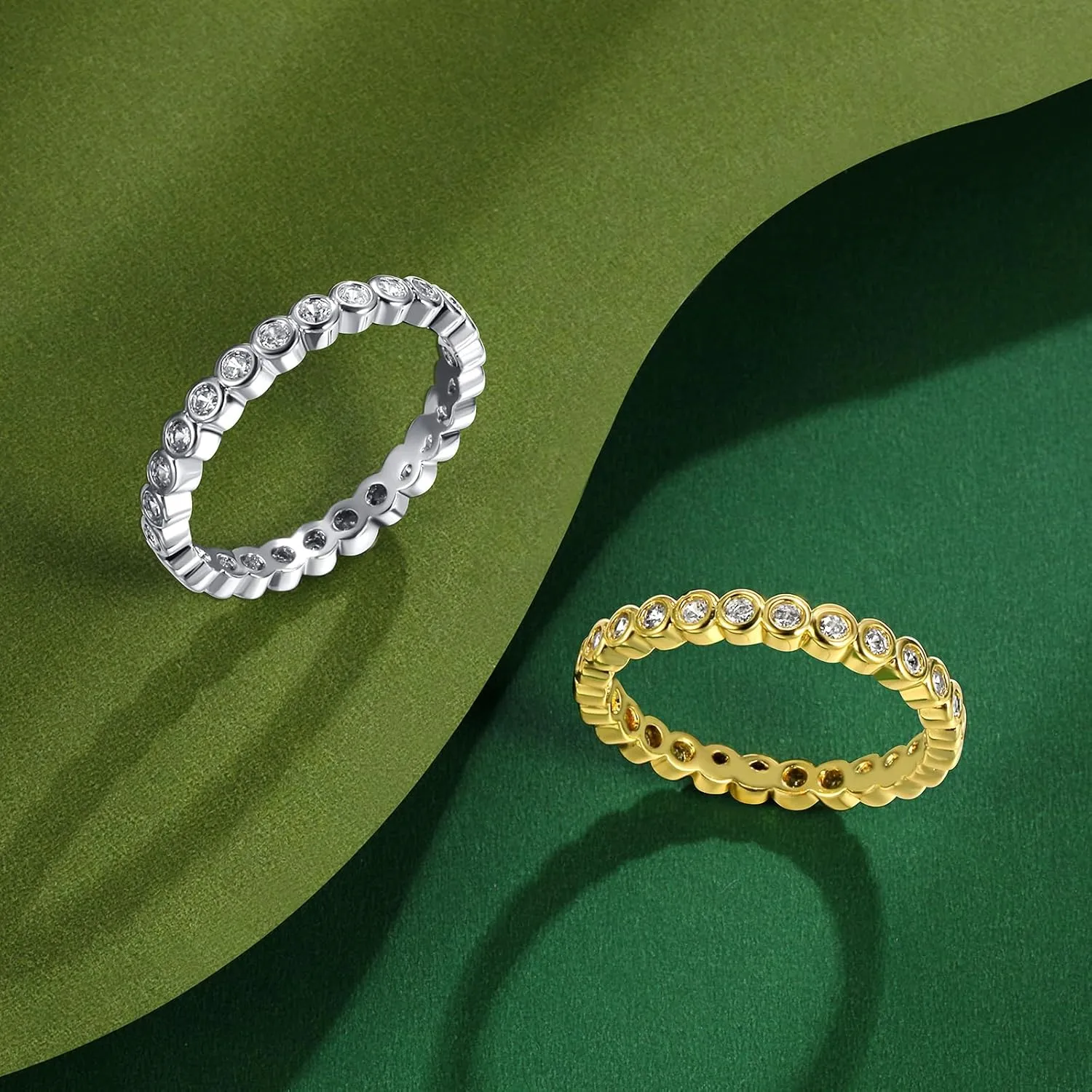 TIKJE 2 Rings Set For Women, 18k Yellow/White Gold Plated Rings - Cubic Zirconias Band Ring, Eternity Promise Engagement Wedding Band Gift For Her Size 5-12