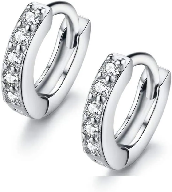 Tiny Small Cubic Zirconia Mini Hoop Earrings Real 925 Sterling Silver for Cartilage Tragus Pierced Sleeper Cuff Women Teen Girls 2nd Hole Round Hinged Huggie Hoops Dainty Fashion Jewelry Gifts Hypoallergenic 6mm/8mm/10mm