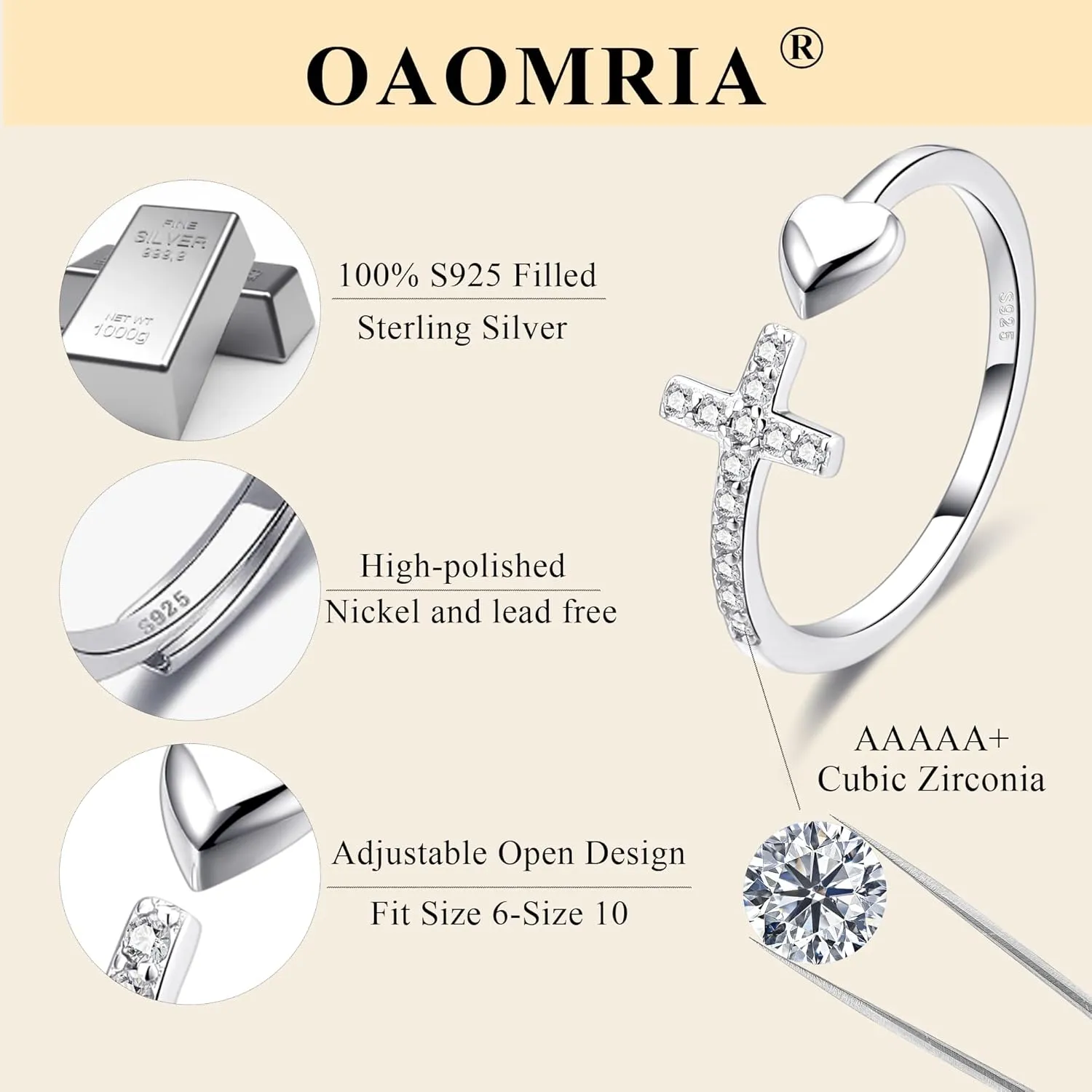 To My Daughter Rings S925 Sterling Silver Cross Ring for Women Cubic Zirconia Sterling Silver Adjustable Ring Christian Pray Cross Thumb Rings With Inspirational Card