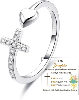 To My Daughter Rings S925 Sterling Silver Cross Ring for Women Cubic Zirconia Sterling Silver Adjustable Ring Christian Pray Cross Thumb Rings With Inspirational Card