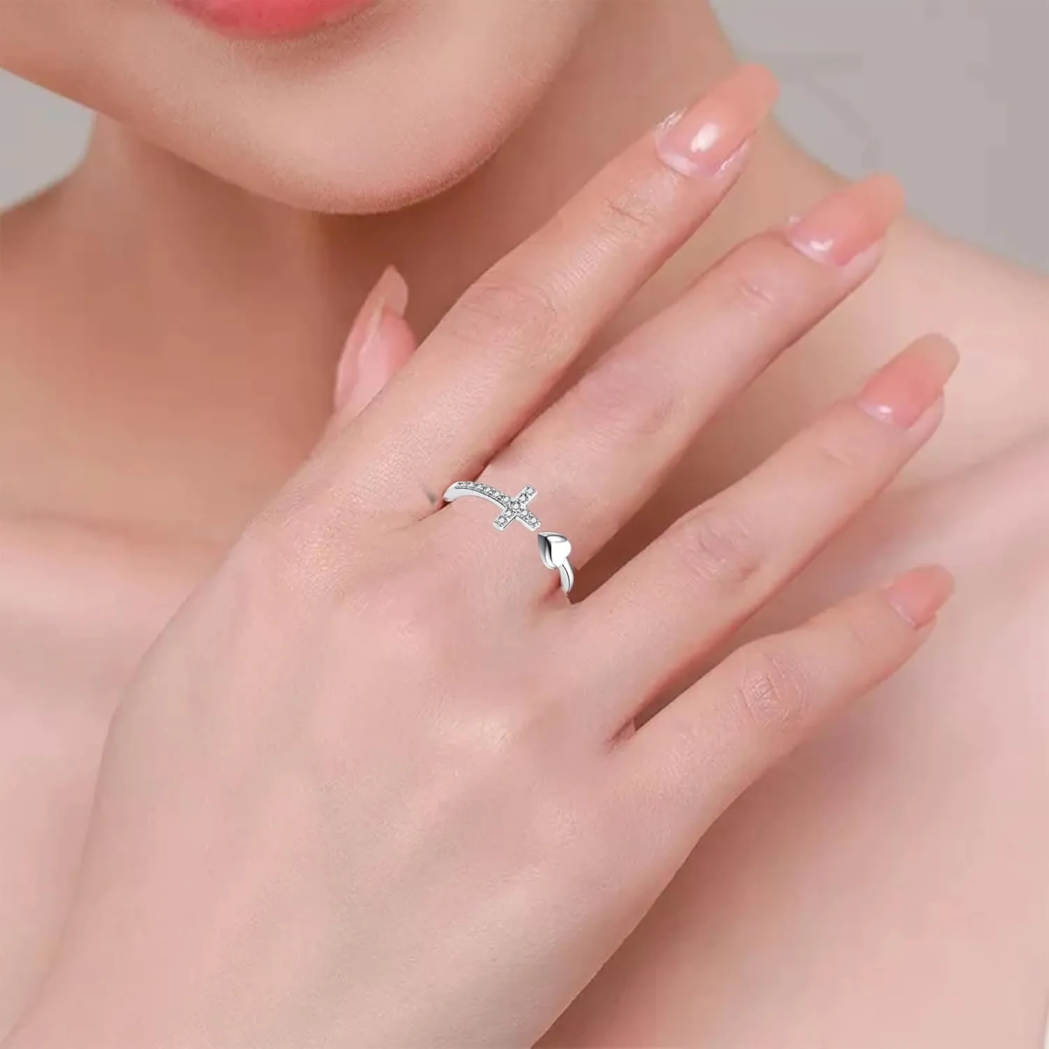 To My Daughter Rings S925 Sterling Silver Cross Ring for Women Cubic Zirconia Sterling Silver Adjustable Ring Christian Pray Cross Thumb Rings With Inspirational Card