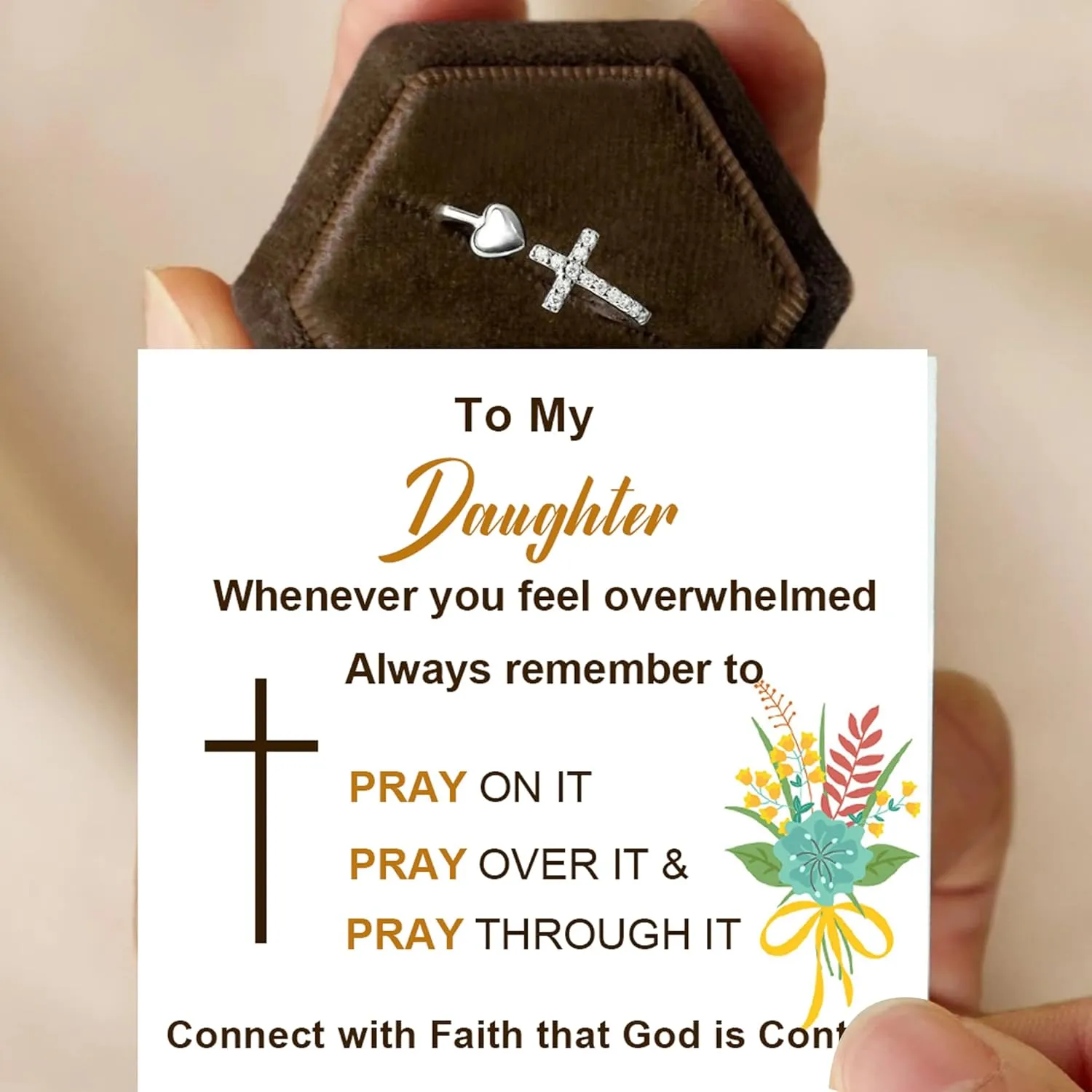 To My Daughter Rings S925 Sterling Silver Cross Ring for Women Cubic Zirconia Sterling Silver Adjustable Ring Christian Pray Cross Thumb Rings With Inspirational Card