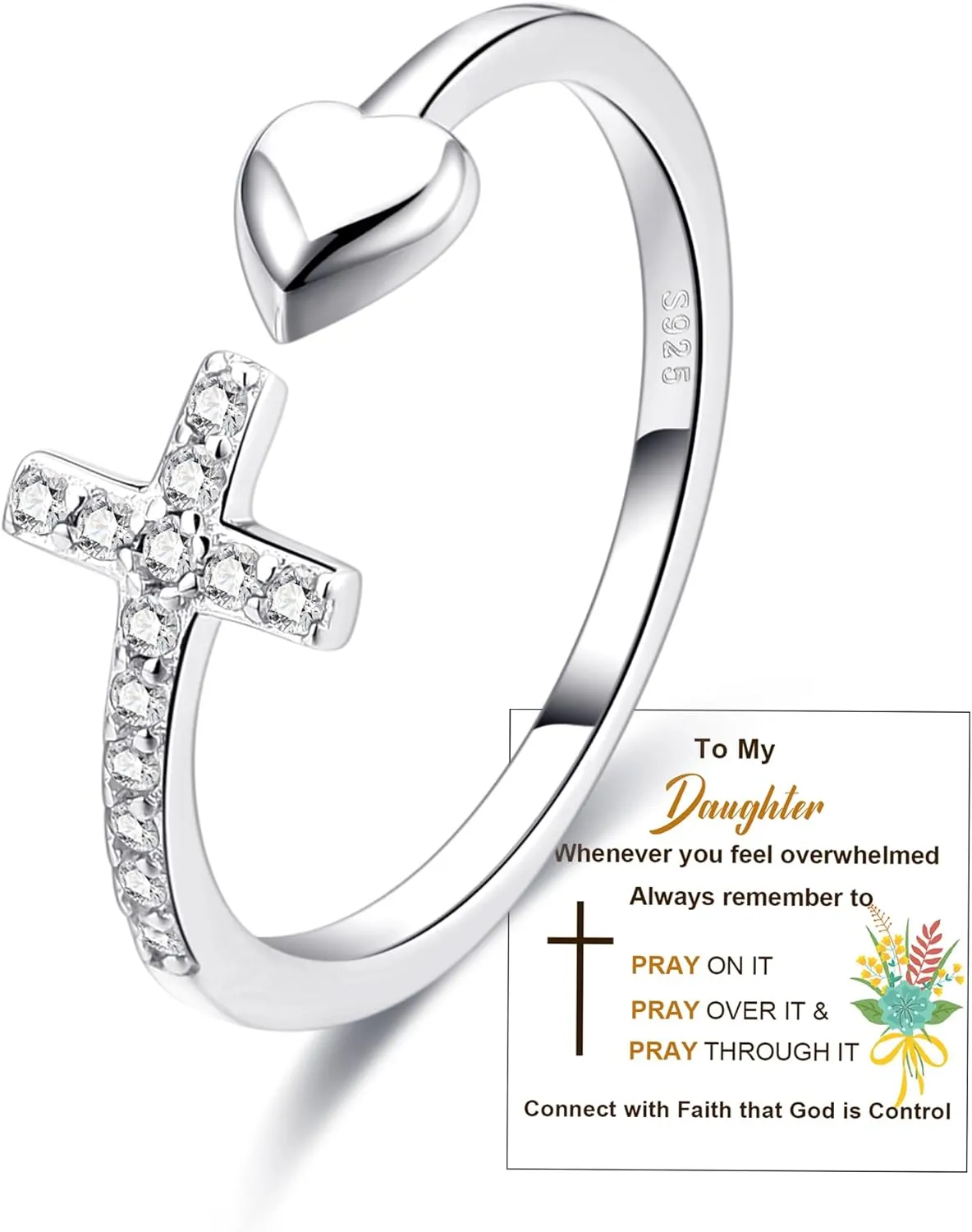 To My Daughter Rings S925 Sterling Silver Cross Ring for Women Cubic Zirconia Sterling Silver Adjustable Ring Christian Pray Cross Thumb Rings With Inspirational Card