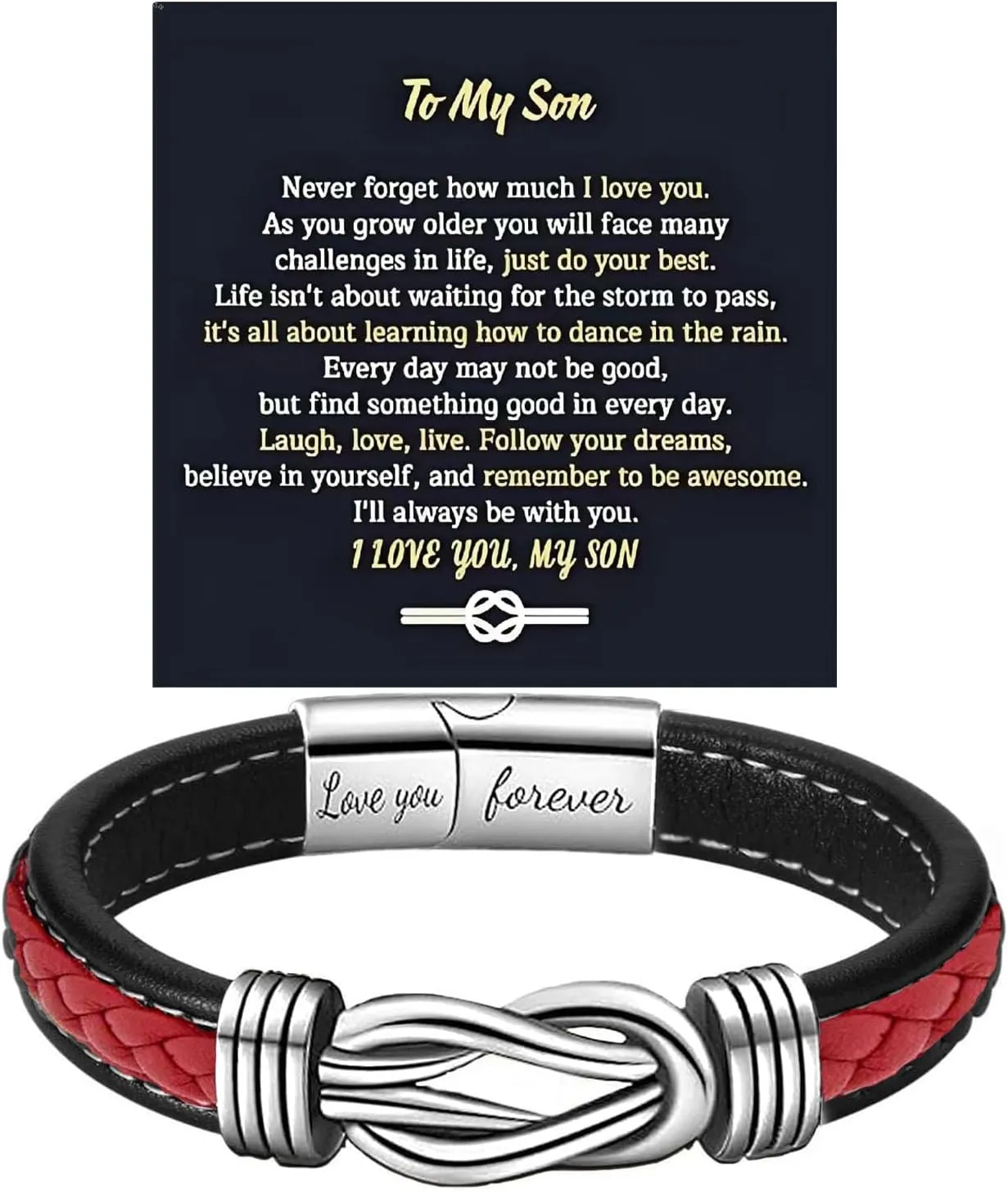 To My Son Bracelet From Mom, Infinity Knot Love You Forever Linked Together Stainless Steel Handmade Leather Cuff Mens Birthday Weave Gift Jewelry