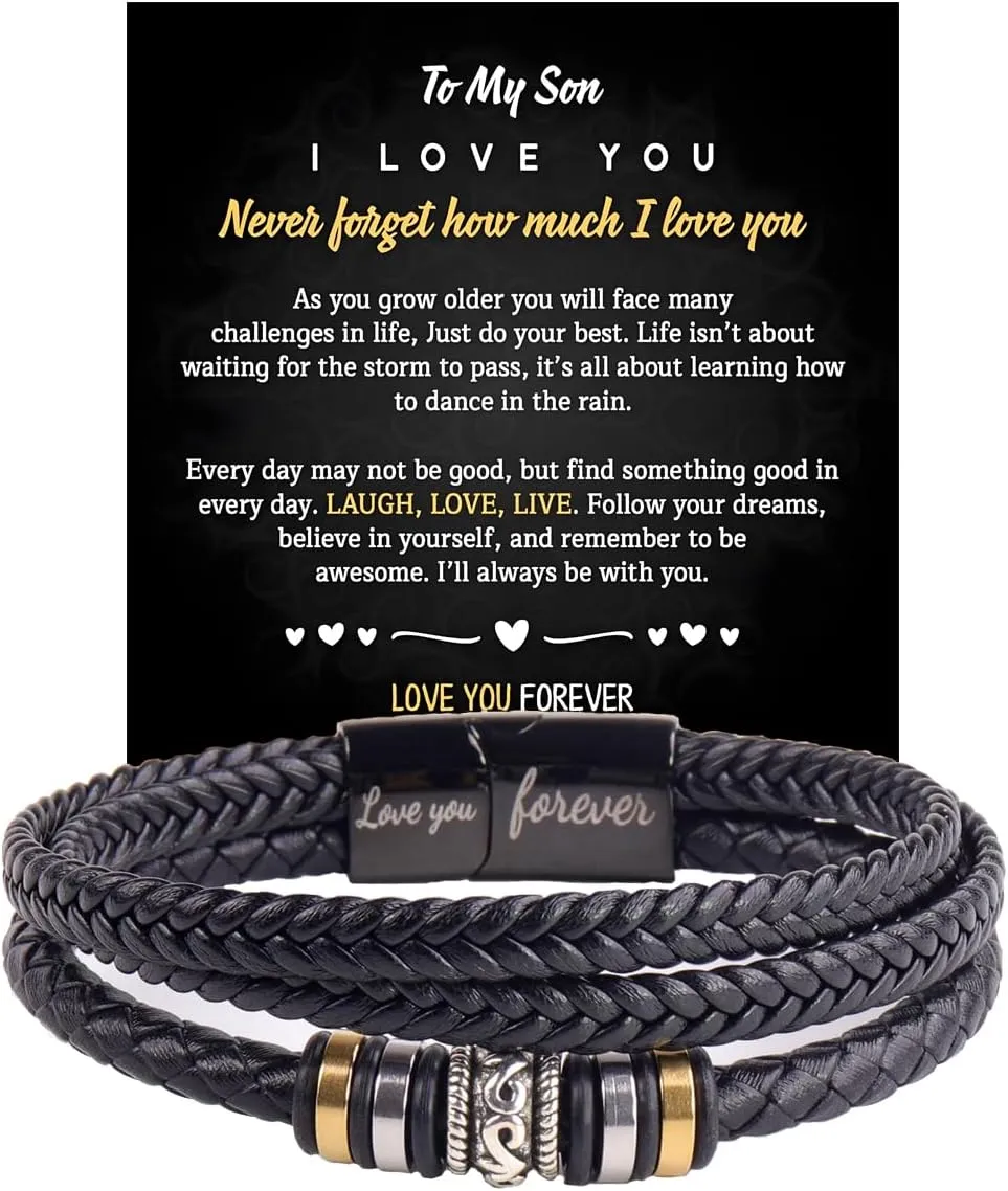 To My Son Grandson Bracelet From Mom Grandma, Infinity Knot Love You Forever Linked Together Handmade Leather Cuff Mens Birthday Weave Gift Jewelry
