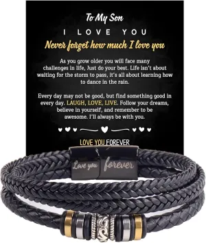 To My Son Grandson Bracelet From Mom Grandma, Infinity Knot Love You Forever Linked Together Handmade Leather Cuff Mens Birthday Weave Gift Jewelry