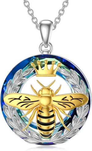 TOUPOP Bee Necklace for Women Sterling Silver Gold Plated Bee with Crown Pendant Necklace with Crystal Anniversary Birthday Christmas Jewelry Gifts for Mom Wife Girlfriend Sister Friend