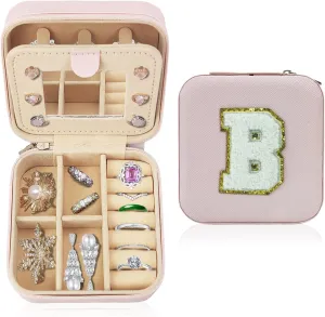 Travel Jewelry Case Organizer, Gifts for Women Teen Girls Initial Jewelry box with Mirror Vacation Beach Essentials Ring Necklace Earring Organizer Box (B)