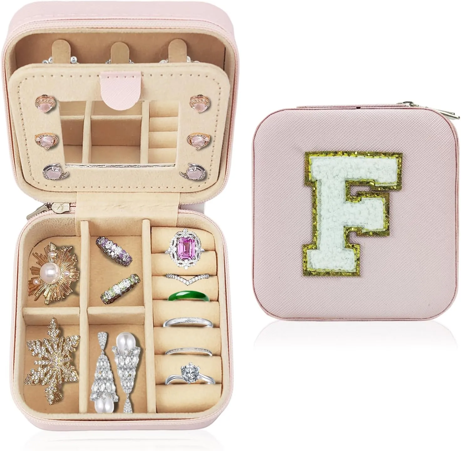 Travel Jewelry Case Organizer, Gifts for Women Teen Girls Initial Jewelry box with Mirror Vacation Beach Essentials Ring Necklace Earring Organizer Box (F)