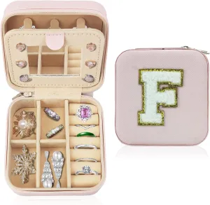 Travel Jewelry Case Organizer, Gifts for Women Teen Girls Initial Jewelry box with Mirror Vacation Beach Essentials Ring Necklace Earring Organizer Box (F)